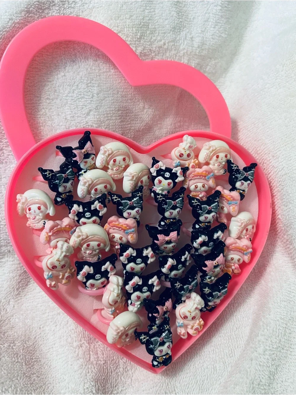 Kids Pink Heart Jewelry Box with Cute Character 36pcs Rings